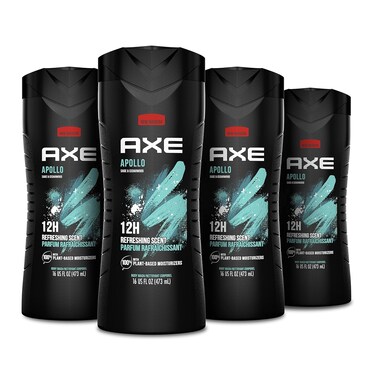 AXE Body Wash Apollo 4 Count for Long Lasting Freshness Sage &amp; Cedarwood Men's Body Wash with Odor-Busting Prebiotics 16 oz