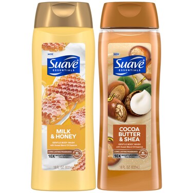 Suave Body Wash Variety 2-Pack, Milk &amp; Honey + Cocoa Butter &amp; Shea &ndash; Gentle Body Washes with Sweet Blend Oil Essence, 18 Oz Ea