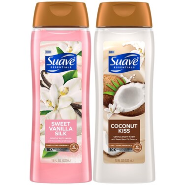 Suave Body Wash Variety 2-Pack, Sweet Vanilla Silk + Coconut Kiss &ndash; Gentle Body Washes with Sweet Blend Oil Essence, 18 Oz Ea