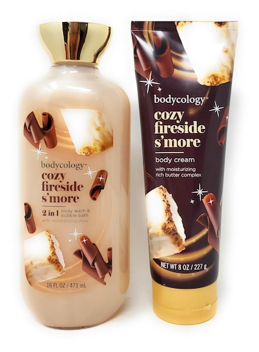 Cozy Fireside S'more 2 in 1 Body Wash &amp; Bubble Bath 16 fl oz &amp; Cozy Fireside S'more Butter Body Cream 8 oz (Pack of 2)