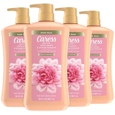 Caress Body Wash for Women with Pump, Daily Silk White Peach &amp; Orange Blossom, Shower Gel Body Wash Moisturizing for Noticeably Silky, Soft Skin, 30 fl oz, 4 Pack