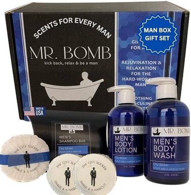 Mr. Bomb Scent-Sational Men's Gift Set: Shampoo Bar, Body Wash, Lotion, and 2 Shower Steamers for a Splash of Masculinity, Ultimate Manly Gift Crafted in The USA (City Slicker Gift Set)