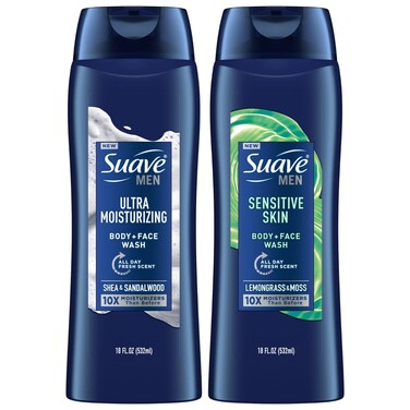 Suave Men Body Wash Variety 2-Pack &ndash; Ultra Moisturizing Body + Face Wash, Shea &amp; Sandalwood + Sensitive Skin Body + Face Wash, Lemongrass &amp; Moss, 18 Oz Ea