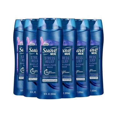 Suave Men&rsquo;s Stress Relief Body + Face Wash, Gentle Moisture with Lavender &amp; Cedarwood All Day Fresh Scent, 18 oz, 6 Pack