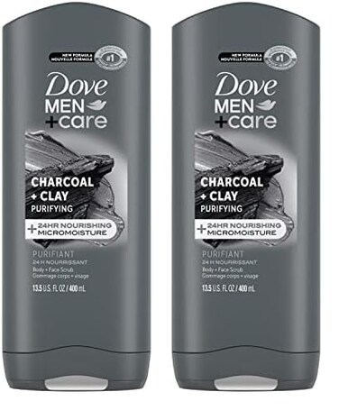 DOVE MEN + CARE Purifying Charcoal + Clay Body and Face Wash with 24-Hour Nourishing Micromoisture Technology Body Wash for Men, 13.5 oz (Pack of 2)