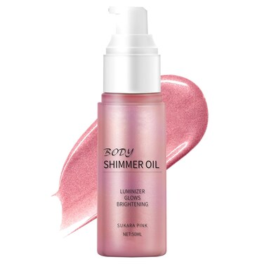 Body Shimmer Oil, Waterproof Long Lasting Moisturizing Bronze Body Luminizer Glow For Face &amp; Body, Liquid Illuminator Body Highlighter (Rose gold, 50ml)