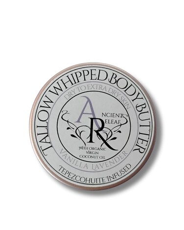 Tallow Blend Whipped Body Butter with Tepezcohuite, Ancient Releaf Body Butter, All-Natural, Dry to Extra Dry, Soothing, Nourishing, Moisturizing, 2 oz. tin Vanilla Lavender