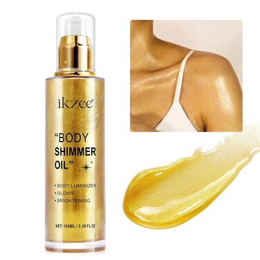 Body Shimmer Oil 100ml, Moisturizing Long Lasting Body Luminizer Face Brighten, Waterproof Liquid Illuminator Body Glitter Oil, Shimmer Glow Highlighter Summer Glowing Taning Makeup (#02 Gold)