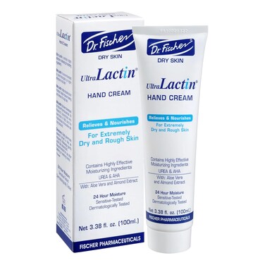 Dr. Fischer Dry Skin Ultra Lactin Hand Cream 3.38floz - Relieves &amp; Nourishes Extremely Rough Skin with Aloe Vera, Almond Extract for 24hr Moisture, Non-Greasy, Rapid Absorb