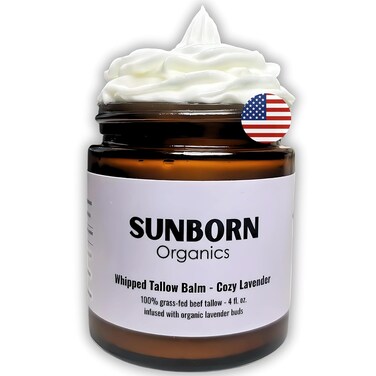 Pure Whipped Tallow Balm   Handmade in USA   100% Organic Grass-Fed Beef Tallow for Skin   Beef Tallow Face Moisturizer Lotion for Dry Skin, Eczema, Baby, Lip Balm (4oz, Cozy Lavender)