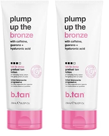 b.tan Dark Gradual Self Tanning Lotion   Plump Up the Bronze Everyday Glow Lotion - Develop a Bronzed Glow, Infused With Hyaluronic Acid For Plump, Juicy Skin, Vegan, Cruelty &amp; Paraben Free, 8 Fl Oz