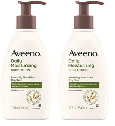Aveeno Daily Moisturizing Body Lotion with Soothing Prebiotic Oat, Gentle Lotion Nourishes Dry Skin With Moisture, Paraben-, Dye- &amp; Fragrance-Free, Non-Greasy &amp; Non-Comedogenic, 12 fl. Oz (Pack of 2)