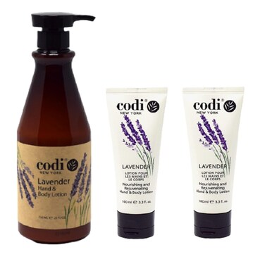 CODi Lavender Lotion - Lavender Body and Hand Lotion for Women and Men - Lavender Body Lotion with True English Lavender Scent - Less Greasy and Quick Absorbent - 1 750ml Bottle and 2 100ml Tubes