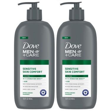 Dove Hand &amp; Body Lotion, Men+Care Value Pack &ndash; Sensitive Skin Comfort Formula with Shea Butter &amp; Aloe Vera, Calming Lotion for Dry Skin, 13.5 Fl Oz (Pack of 2)