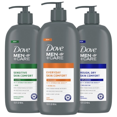 Dove Hand &amp; Body Lotion, Men+Care Variety Pack &ndash; Rough Dry Skin Comfort with Shea Butter, Sensitive Skin Comfort with Aloe Vera, Everyday Skin Comfort with Jojoba Oil, 13.5 Oz Ea (3 Piece Set)