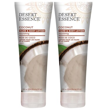 Desert Essence Coconut Hand &amp; Body Lotion Nourishing Organic Coconut Oil, Hibiscus Flower Extract &amp; Jojoba Oil - Softens &amp; Moisturizes Skin - Vegan, Cruelty-Free, Sulfate-Free - 8oz (Pack of 2)