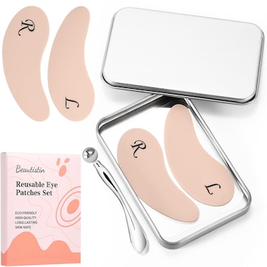 Under Eye Patches Silicone - 2 Pairs Reusable Eye Patches, Eye Wrinkle Patches, Reusable Under Eye Mask, Plump Fine Lines &amp; Wrinkles, with Metal Eye Cream Applicator, Tin Case, Cream Color
