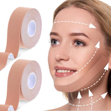 2 Pcs Facial Myofascial Lift Tape, Anti-Wrinkle Tape for Skin Firming, Toning &amp; Tightening Anti-Freeze Stickers Kinesiology Tape for Face, Neck &amp; Forehead Anti-Aging Face Patches - 1in X 16.4ft