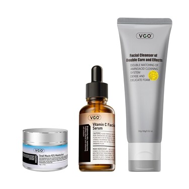 VGO Skin Care Set, with Snail Mucin 92% Moisturizer 1.76 Oz, Vitamin C Serum 1.01 Oz &amp; Dual-Tube Facial Cleanser 3.52 Oz, 3 Step Facial Skin Care Kit