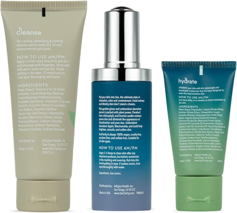 BioClarity 3-Step Ultra Calming Routine for Redness-Prone Skin   100% Vegan   Gentle Clean and Hydrate Face   Contains Cucuber, Green Tea, Chamomile, Floralux, Vitamin B3, Lentil, Argan, Olive