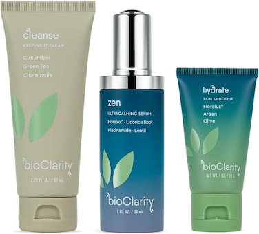 BioClarity 3-Step Ultra Calming Routine for Redness-Prone Skin   100% Vegan   Gentle Clean and Hydrate Face   Contains Cucuber, Green Tea, Chamomile, Floralux, Vitamin B3, Lentil, Argan, Olive