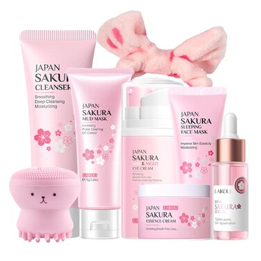 Japan Sakura Skincare Set - 8 Pcs Teenage Skin Care Set - Skin Care for Teens 10-12 - Skincare for Girls 10-12 - Teen Skin Care Kit with Sleeping Face Mask,Cleanser,Face Cream,Eye Cream,Serum,Mud Mask