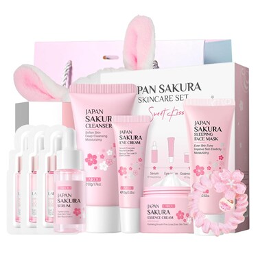 Japan Sakura Skincare Set Teen Girls Gifts - Japanese Skin Care Set - Teenage Skin Care for Teens 10-12 - Skincare for Girls 10-12 - Cleanser,Serum,Eye Cream,Face Cream (One Size, Sakura 6PCS Scent)
