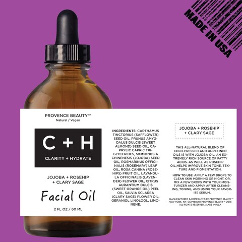 Clarify + Hydrate Facial Oil - Cold Pressed Jojoba + Rosehip + Clary Sage Oils - Anti-Wrinkle Solution - 2 OZ