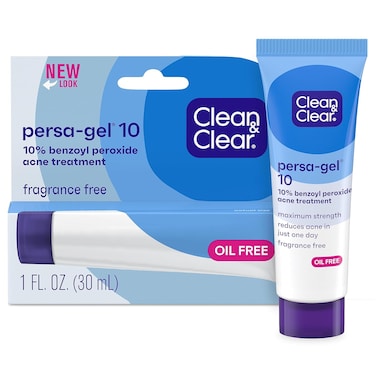 Clean &amp; Clear Persa-Gel 10 Oil-Free Acne Spot Treatment with Maximum Strength 10% Benzoyl Peroxide, Topical Pimple Cream &amp; Acne Gel Medication for Face Acne, Fragrance-Free, 1 fl. oz, 4 Pack