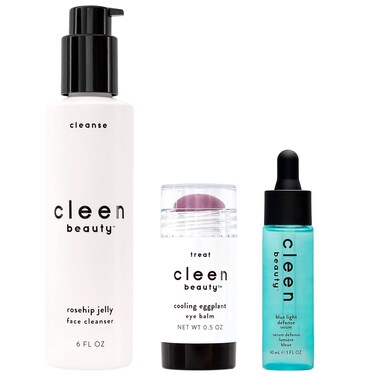 CLEEN BEAUTY Everyday Skincare 3-Piece Set   Rosehip Jelly Face Cleanser, Cooling Eggplant Eye Balm, &amp; Blue Light Defense Serum Set   Paraben Free   Skincare Products for Face