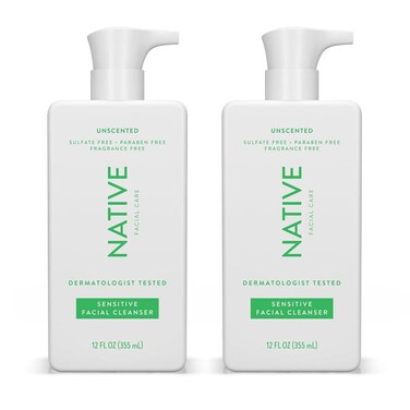 Native Sensitive Face Wash, Spa Day Every Day Facial Cleanser (2 Pack)   Daily Face Cleaner with Aloe and Vitamin B3, Unscented, 12 fl oz