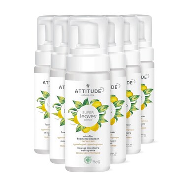 ATTITUDE Micellar Foaming Facial Cleanser, EWG Verified, Dermatologically Tested, Plant and Mineral-Based, Vegan, Lemon Leaves, 5 Fl Oz (Pack of 6)