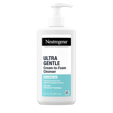Neutrogena Ultra Gentle Cream-to-Foam Daily Facial Cleanser, Transforms from a Creamy Cleanser to a Foaming Face Wash, Gently Cleanses Sensitive Skin, Fragrance-Free, Hypoallergenic, 8.5 oz