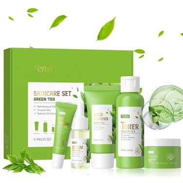 Green Tea Skincare Set for Women, Facial Kit for Women/Teenage Girls, Facial Skin Care Sets &amp; Kits with Cleanser, Toner, Serum, Eye Cream, Cream, Skincare Gift Set Glow Skin, Balance Oil, Shrink Pore