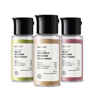 Brillare Powder face wash Combo, Neem, Vitamin C &amp; Rose facewash, for Oily, Acne Prone, Pigmented, Ageing, Dry and Dull skin, 15 gram each