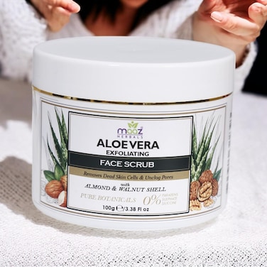 ALOE VERA EXFOLIATING FACE SCRUB - Rejuvenates dull skin and helps achieve a hydrated revitalized look cleansing impurities, refine pores, and remove black heads and dead skin cells.