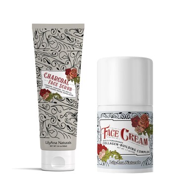 LilyAna Naturals Charcoal Face Scrub 3 Oz and Face Cream 1.7 Oz Bundle - Anti-Aging Facial Exfoliator and Face Cream, Face Moisturizer For Dry Skin, Rose and Pomegranate Extracts - for Women and Men