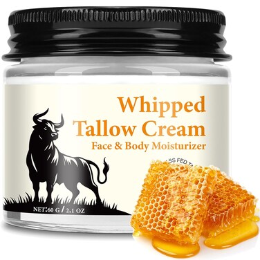Beef Tallow and Honey Balm for Skin, Whipped Beef Tallow Face Moisturizer 2oz, Organic Unscented Fast Absorption Tallow Cream Infused with Honey Beeswax Olive Oil