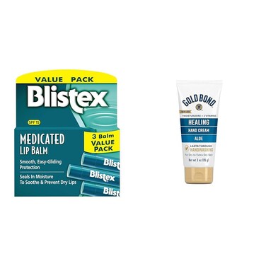 Blistex Medicated Lip Balm, 0.15 Ounce, 3 Count &amp; Gold Bond Healing Hand Cream, 3 oz., With Aloe, Moisture That Lasts Through Handwashing
