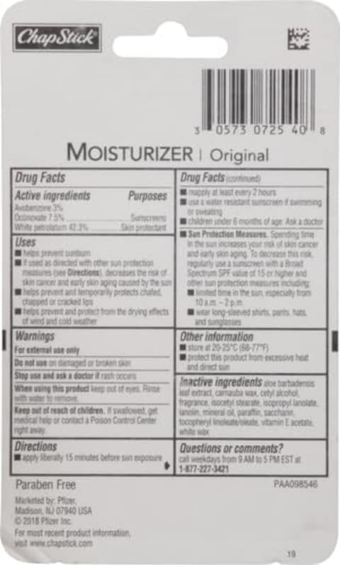ChapStick Moisturizer Original Lip Balm Tubes, SPF 15 and Skin Protectant - 0.15 Oz, 3 Count (Pack of 2)