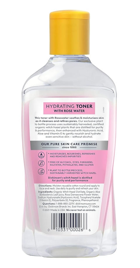 Dickinson&#39;s Enhanced Witch Hazel Hydrating Toner with Rosewater, Alcohol Free, 98% Natural Formula, 16 Fl Oz (Pack of 2)