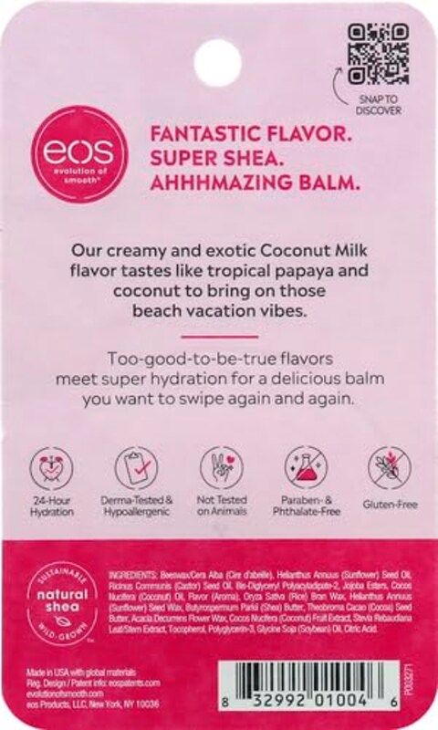 eos 100% Natural Lip Balm- Coconut Milk, All-Day Moisture, Made for Sensitive Skin, Lip Care Products, 0.25 oz (Pack of 2)