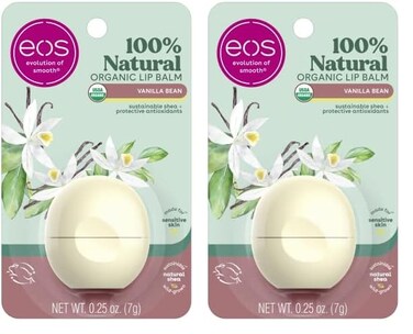 eos 100% Natural &amp; Organic Lip Balm Sphere- Vanilla Bean, All-day Moisture, Dermatologist Recommended for Sensitive Skin, Lip Care Products, 0.25 oz (Pack of 2)
