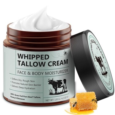 Beef Tallow for Skin, Tallow and Honey Balm (4.2 Oz), Tallow Face Moisturizer, Organic Grass Fed Whipped Beef Tallow with Honey Beeswax, Deeply Moisturizing for Face &amp; Body, Unscented Fast Absorption