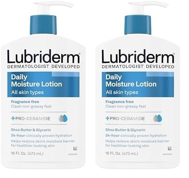 Lubriderm Fragrance Free Daily Moisture Lotion + Pro-Ceramide, Shea Butter &amp; Glycerin, Face, Hand &amp; Body Lotion for Sensitive Skin, Hydrating Lotion for Healthier-Looking Skin, 16 fl. oz (Pack of 2)