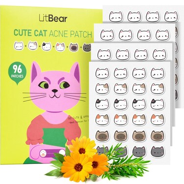LitBear Acne Patch Pimple Patch, Cat Shaped Acne Absorbing Cover Patch, Hydrocolloid Acne Patches For Face Zit Patch Acne Dots, Tea Tree Oil &amp; Salicylic Acid, 96 Patches, 12mm