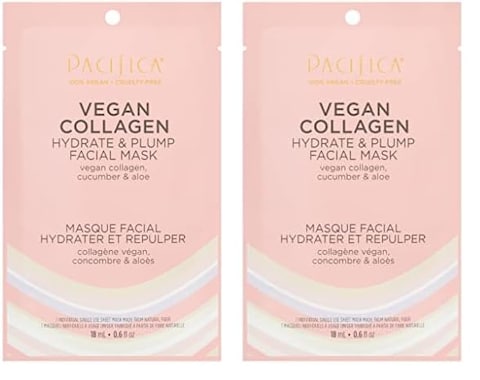 Pacifica Beauty, Vegan Collagen Hydrate &amp; Plump Face Mask, Sheet Mask Set, Skincare, Moisturizer, Hydrated Dewy Skin, Cucumber &amp; Aloe, For Dry &amp; Aging Skin, 2 Pack, Vegan
