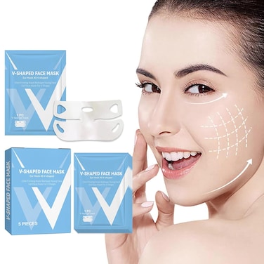 V Line Lifting Mask, 5 Pcs V-Shaped Face Mask, Hydrogel Collagen Mask with Aloe Vera, Neck Tightening Tape Patch Jawline Contour Firming Band, Creating V-shaped Face Full of Vitality