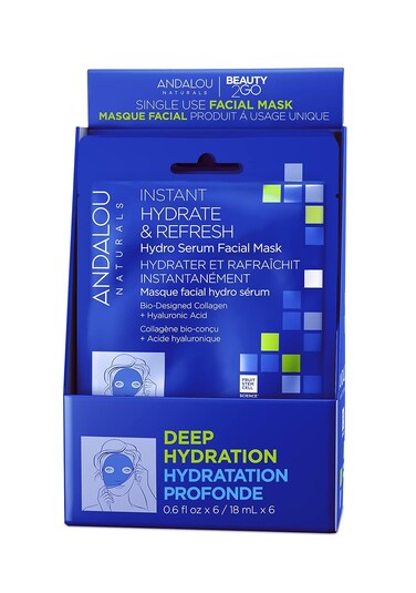 Andalou Naturals, Deep Hydration, Instant Hydrate &amp; Refresh Sheet Mask, Single Face Mask, 0.6 oz each, 6 Count (Pack of 1)