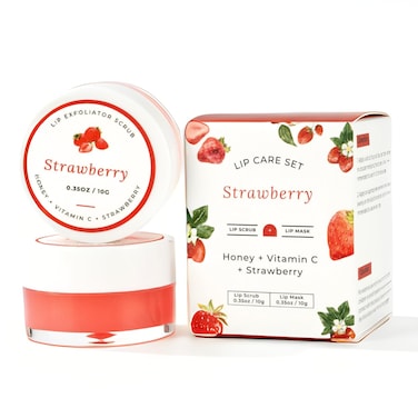 Lip Mask &amp; Scrub Set(Strawberry + Honey + VC), Overnight Moisturizer for Cracked &amp; Dry Lips Care, Hydrating Plumper Kit, Sugar Exfoliator Gift for Women